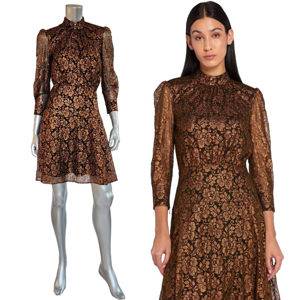 JUST CAVALLI BY ROBERTO CAVALLI DRESS METALLIC LACE MOCK NECK sz 40 4